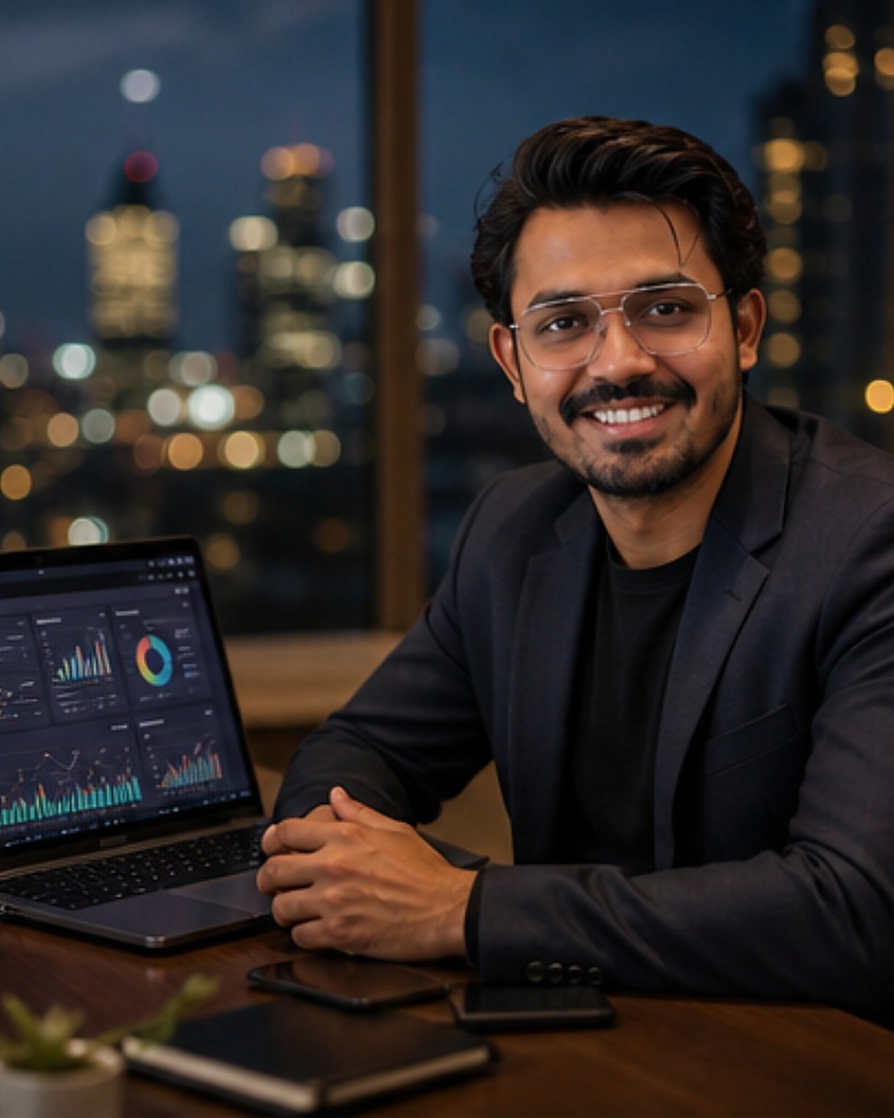 RG reviewing campaign analytics dashboards